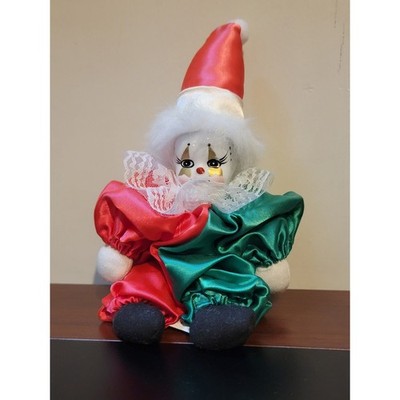 Vintage Porcelain Clown Doll 80s 90s Harlequin Pierrot Red Green Satin Sad Face