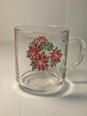 Vintage Clear Glass Luminarc Poinsettia Basket Christmas Mug