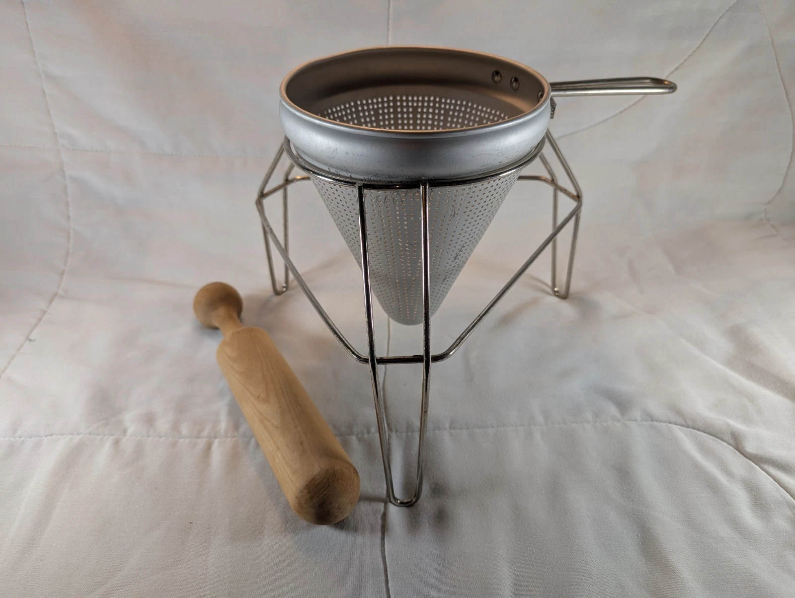 Vintage Aluminum Conical Strainer Sieve w/Tripod Stand and Wooden Pestle
Opens in a new window or ta