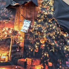 Robert Graham 2XL Fireplace Drinks Christmas Shirt Black  Burgundy NWT