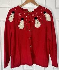 Vintage Susan Bristol Red Cardigan Felt Snowmen Hand Embroidered - Size XL