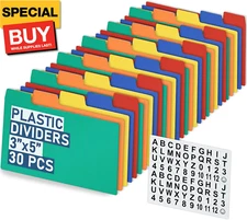 Plastic Index Card Dividers 3x5 Poly Index Card Guides Set with 1/5 Cut Tabs for
