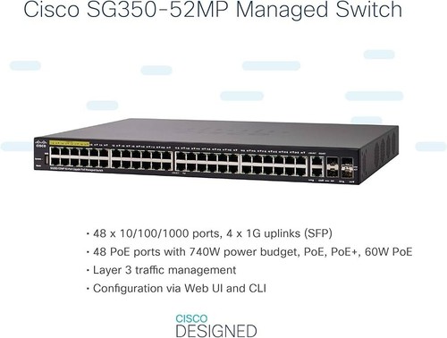 Cisco SG350-52P 52-Port Gigabit Managed Rack Mountable Network Switch