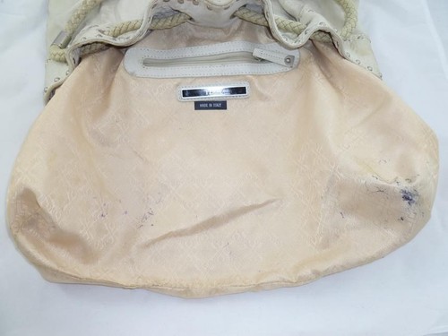 GIANFRANCO FERRE USED OFF-WHITE STUDDED LEATHER DRAWSTRING SHOULDER BAG/BUCKET - Picture 10 of 12
