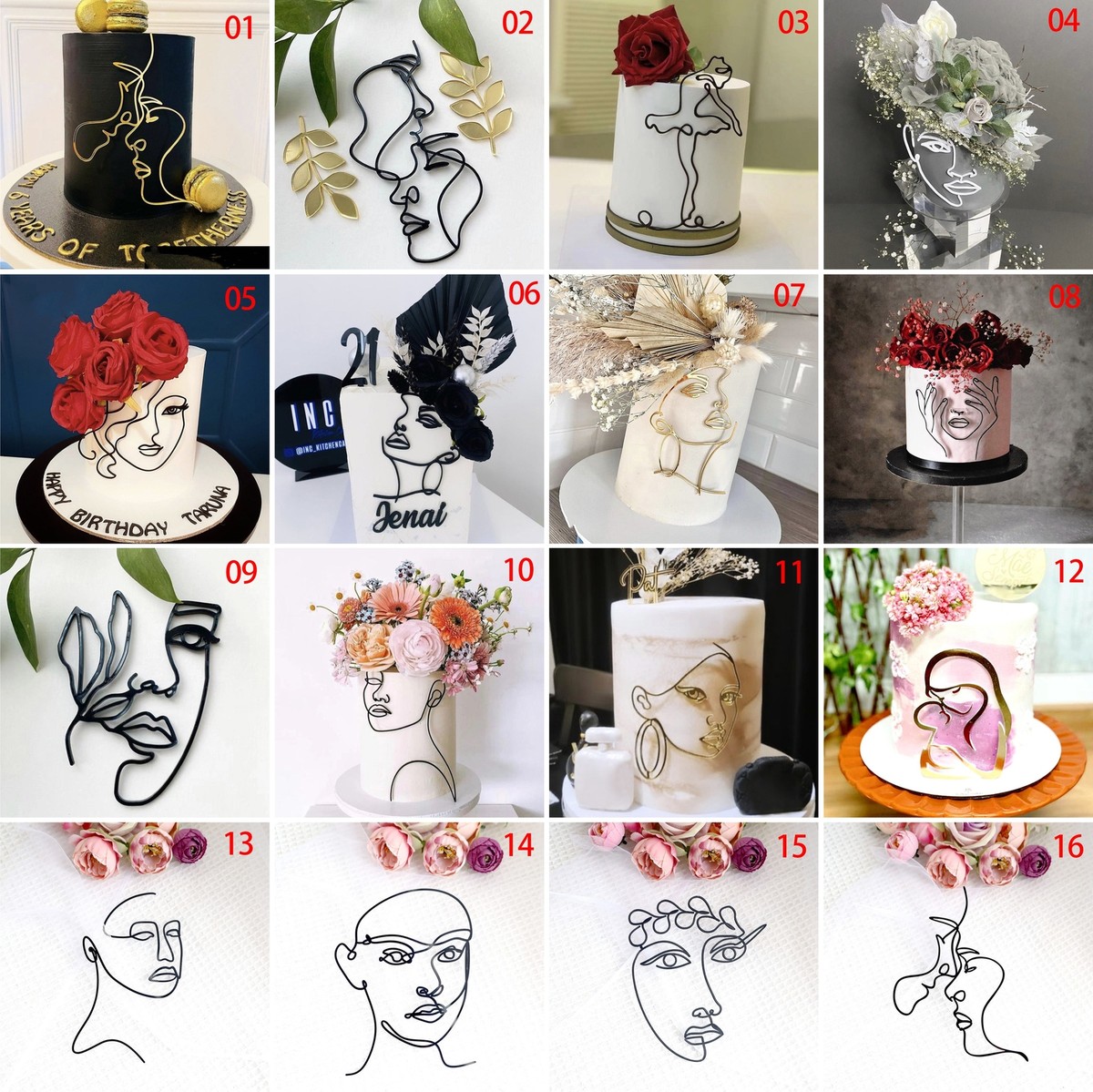 10 Stück Minimalistische Lady Face Cake Topper Aus Acryl | 12x18 Cm, In Schwarz, Gold & Silber Für Geburtstag & Hochzeit