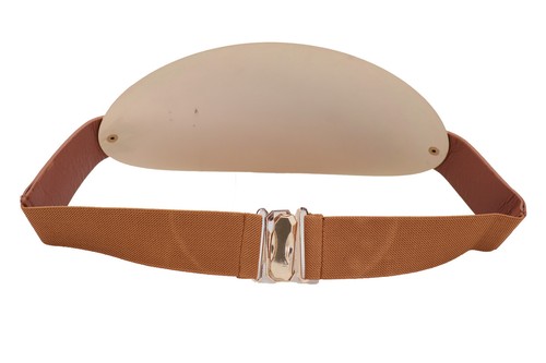 Women Brown Elastic Wide Hood Street Look Fashion Belt Oval Gold Metal Plate S M - Picture 6 of 12