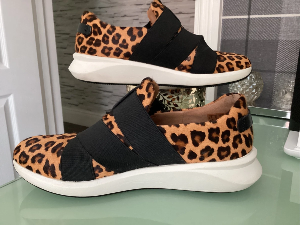 Ladies Clarks Unstructured Un Rio Strap Black Brown Leopard Print Trainers UK 4