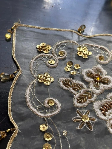  LUXURY SILK Jewel Embroidered Beaded Table Runner, 34” X 14.5" GOLDEN 