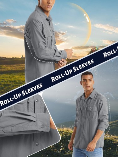 Men's Outdoor Hiking Shirt UPF50+ Sun Protection Long Sleeve Quick Dry Work Tops - Picture 5 of 68