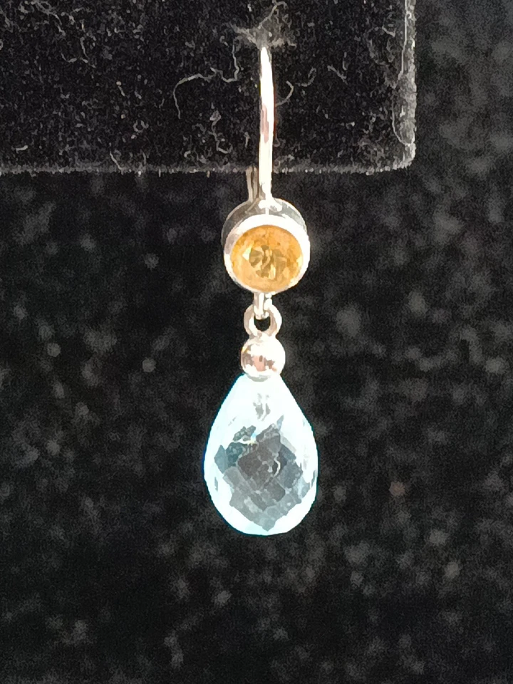 14K White Gold Earrings with Pear Shape Blue Topaz and RoundCitrine   - Image 4 of 4