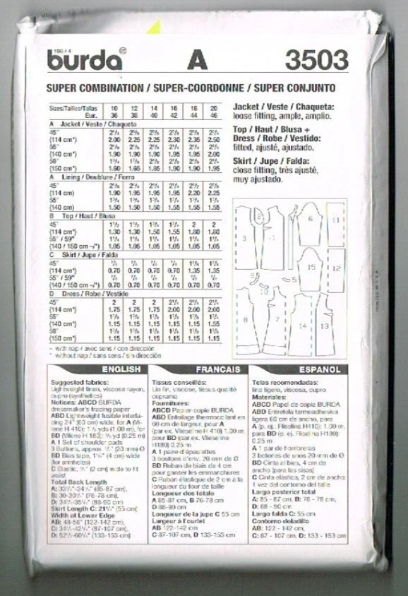 Burda 3503 Pattern Super Combo Dress Top Jacket Sizes 10 to 20 Uncut OOP Vintage - Image 2 of 2
