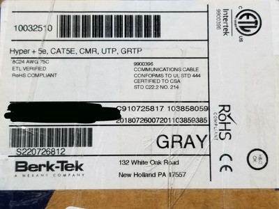 Berk-Tek 24/4P HyperPlus Cat5E Riser U/UTP Network Cable Gray /100ft