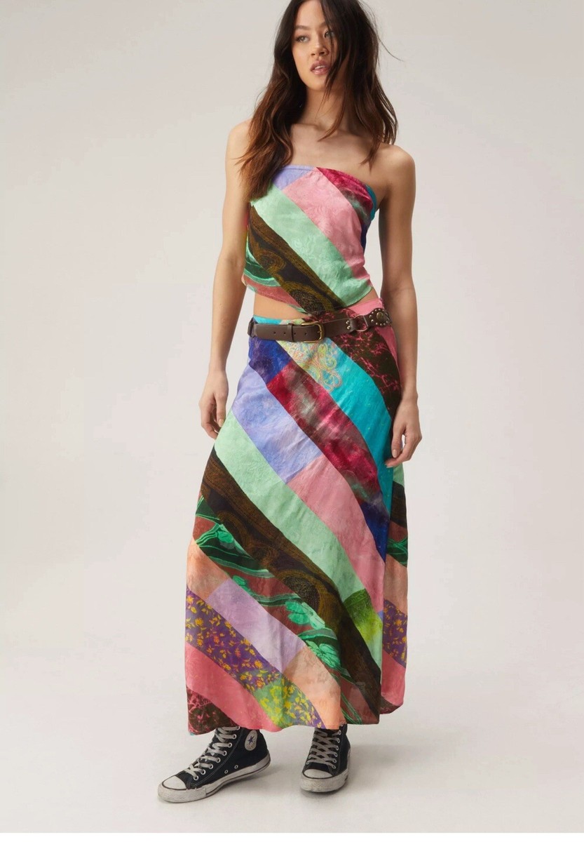 NASTY GAL Satin Scarf Print Midi Skirt US 10