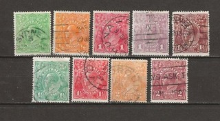 AUSTRALIA NINE USED KING GEORGE V STAMPS SCOTT 19 22 24 27 29 G174