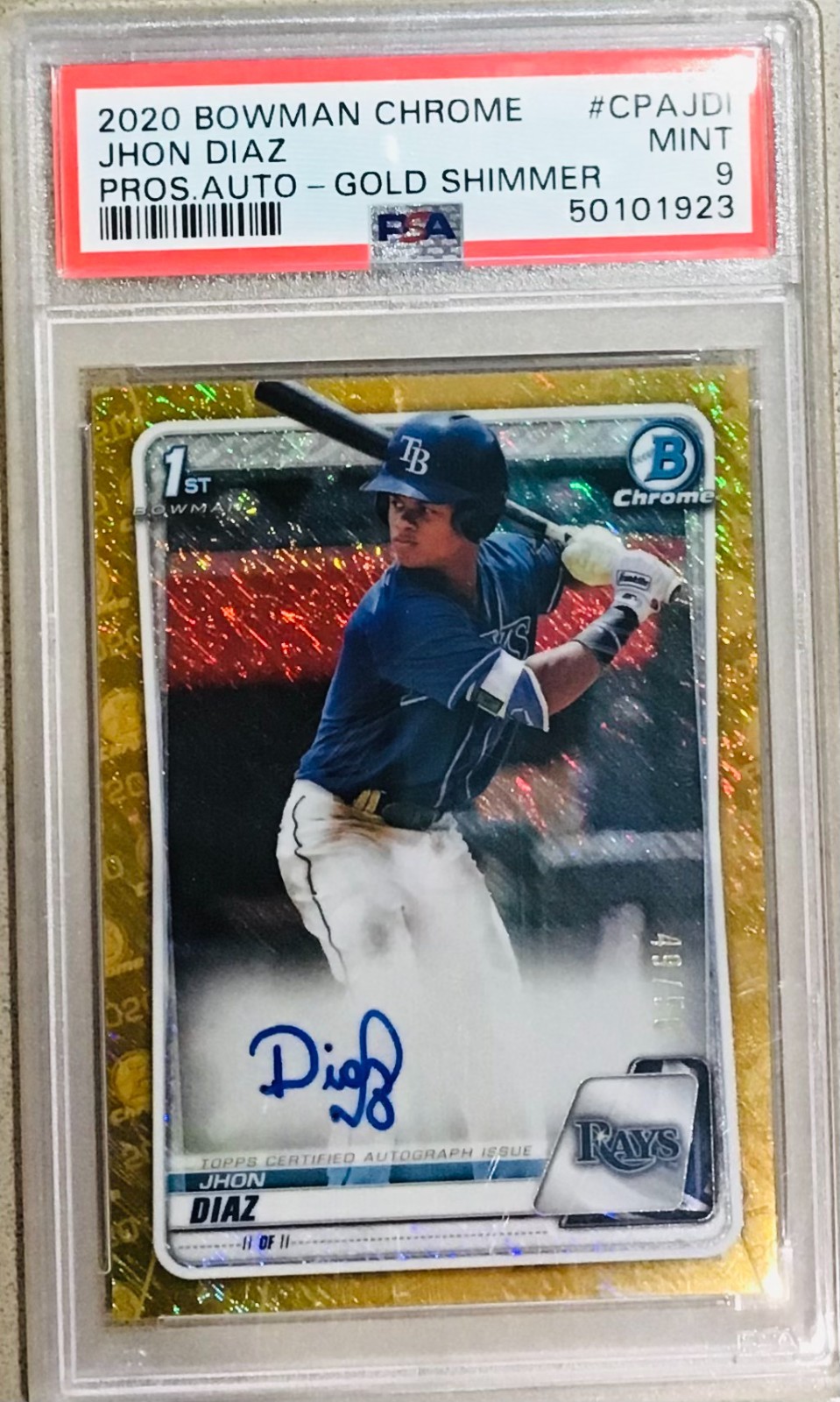 2020 Bowman Chrome Jhon Diaz Pros. Auto - Gold Shimmer 49/50 #CPAJDI PSA MINT 9