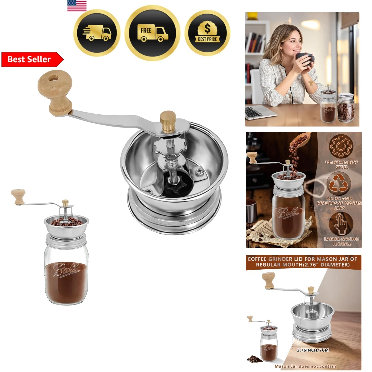 Coffee Grinder Lid for Mason Jar Regular Mouth Stainless Steel Spice Grinder