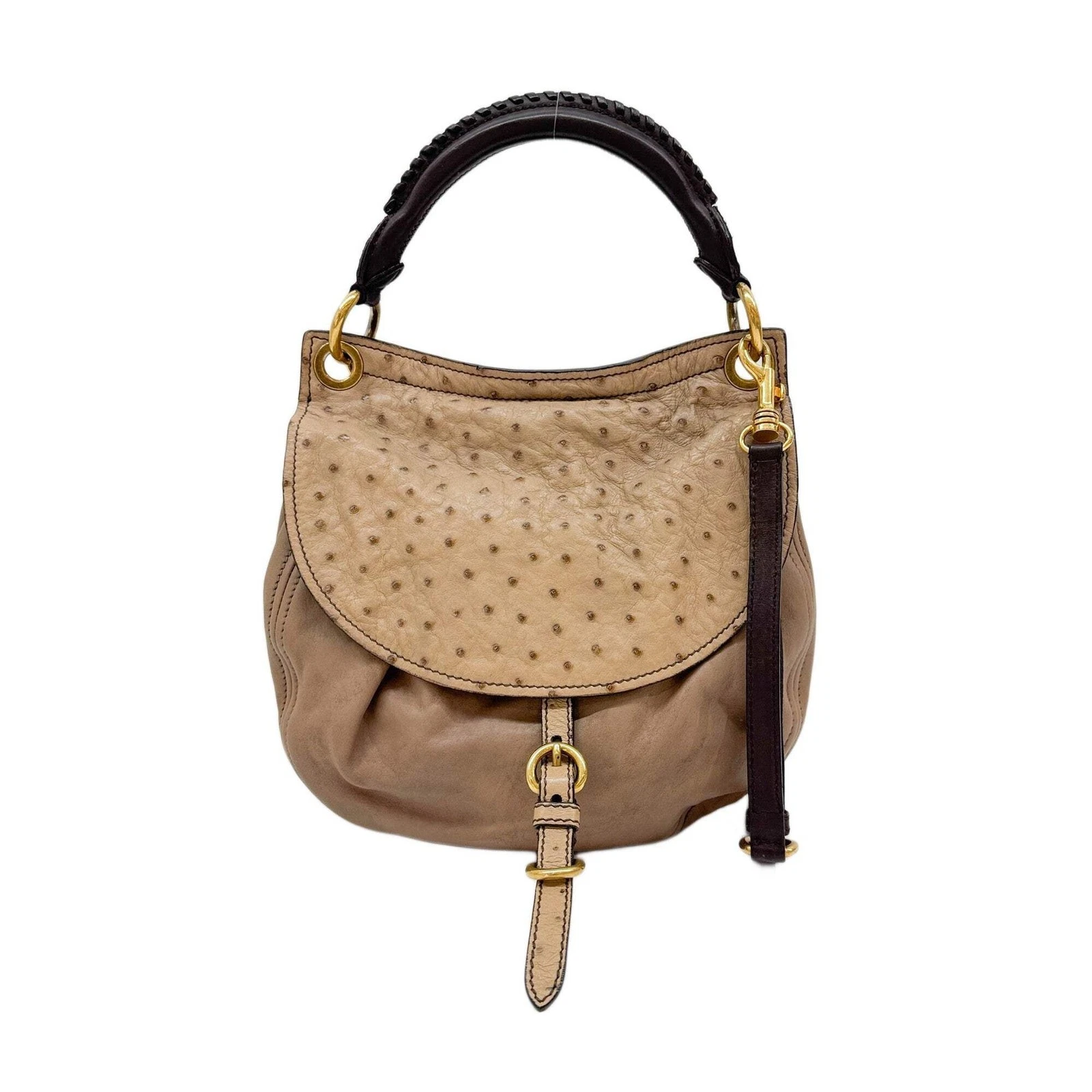 Miu Miu — MIU MIU Beige Ostrich Embossed Leather Two Way Bag