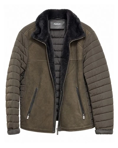 Baldinini Men's Olive Suede Shearling Collar Quilted Jacket Made in Italy Size L - product listing photo