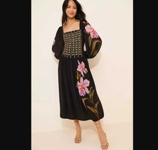 New XS Farm Rio x Anthropologie Floral long-sleeve midi dress in black