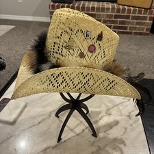 Vintage Straw Cowboy Cowgirl Hat W/Feather Band 8 Hat Pins Size 6-5/8 NICE