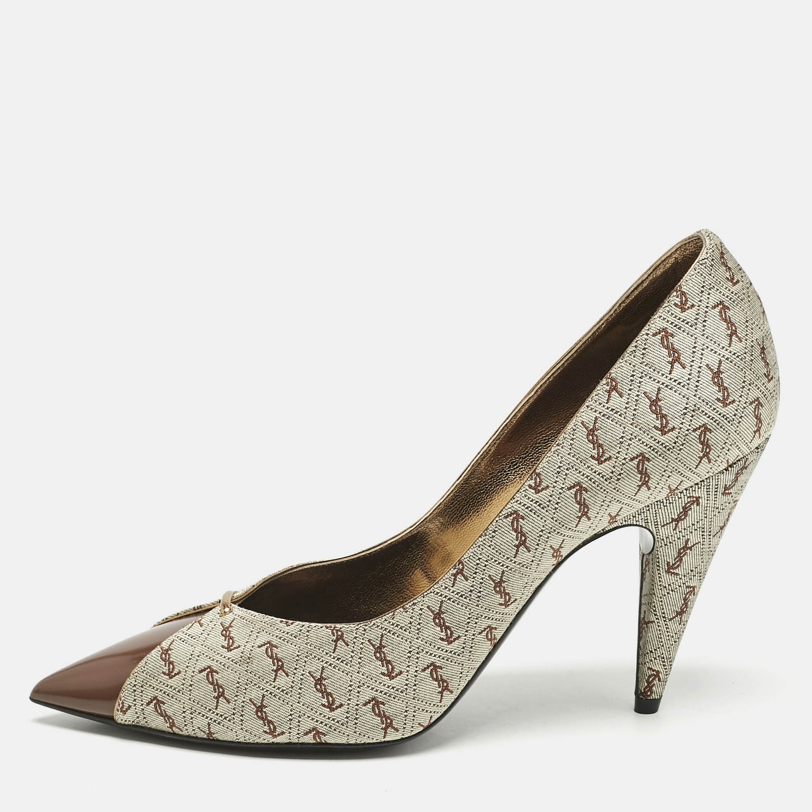 Decolte Saint Laurent Marrone Monogram Tela e Pelle Lola Cap Toe Taglia 39