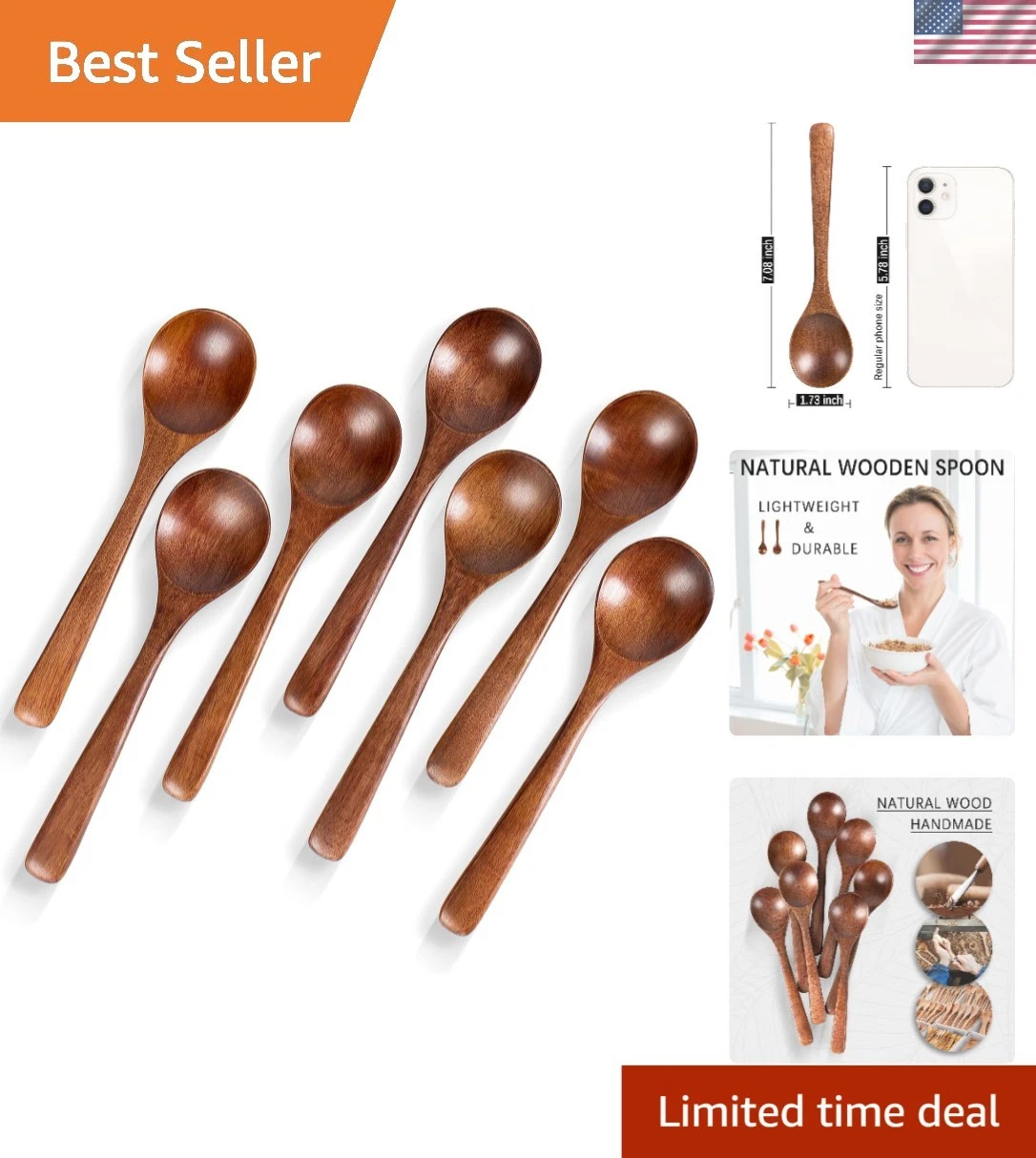 7 PCS Wooden Spoons for Eating, 7 inch Wooden Honey Spoons for Tea, Wood Teas...