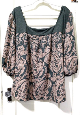FLASH SALE Suzanne Betro WEEKEND Shirt Top PLUS 2X Olive Green Beige Paisley 3/4