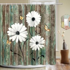Farmhouse Floral Shower Curtain, Rustic Daisy Flower Butterfly Wood Colorful