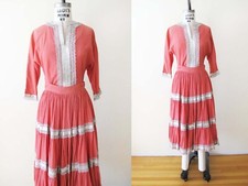 Vtg 50s Patio 2 Piece Western Skirt Blouse Set XS Coral Pink Silver Santa Fe NM