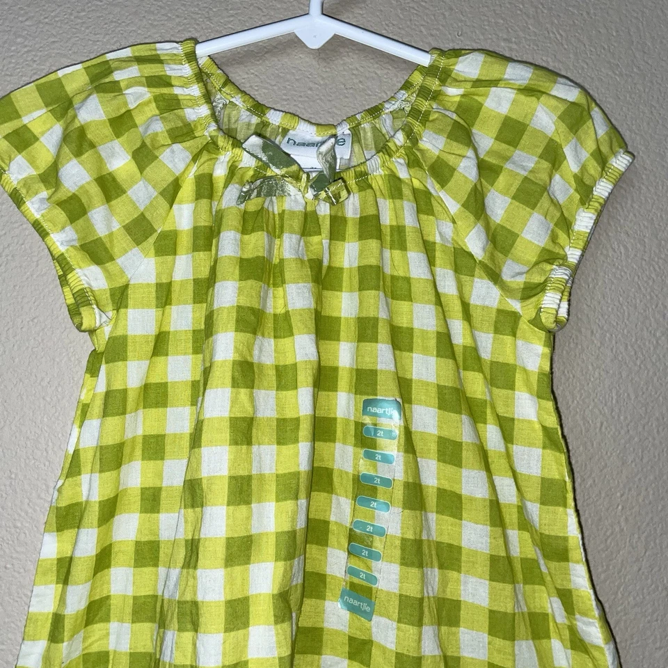 Vestido Campesino Naartjie Verde Amarillo Cuadros Cintura Caída Escote Elástico 2T NUEVO Foto 2 de 4