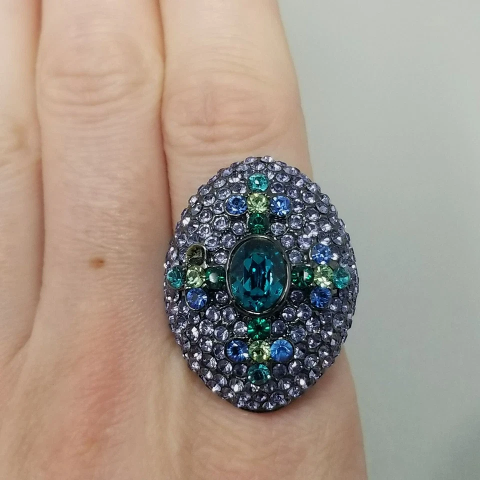 Akkad Guntone Metal Purple Green Blue Rhinestone Cocktail Ring Size 10 - Image 3 of 4