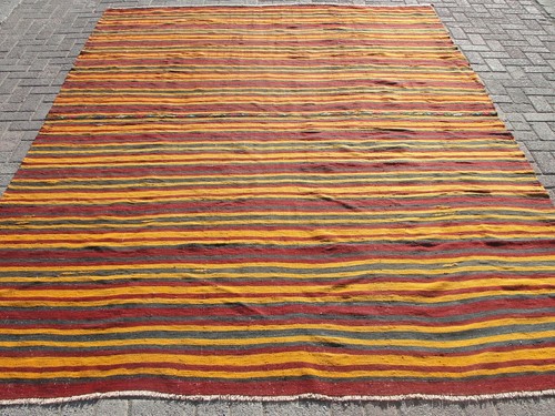 Oversized red yellow striped Handmade Kilim Rug Turkish Kilim Area Rug