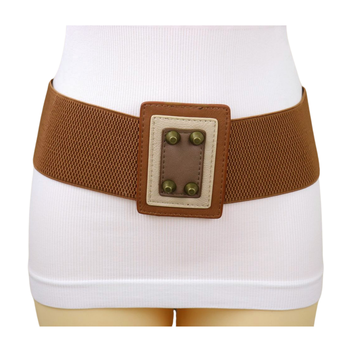 Women Brown Wide Elastic Comfortable Waistband Belt Square  display picture 2