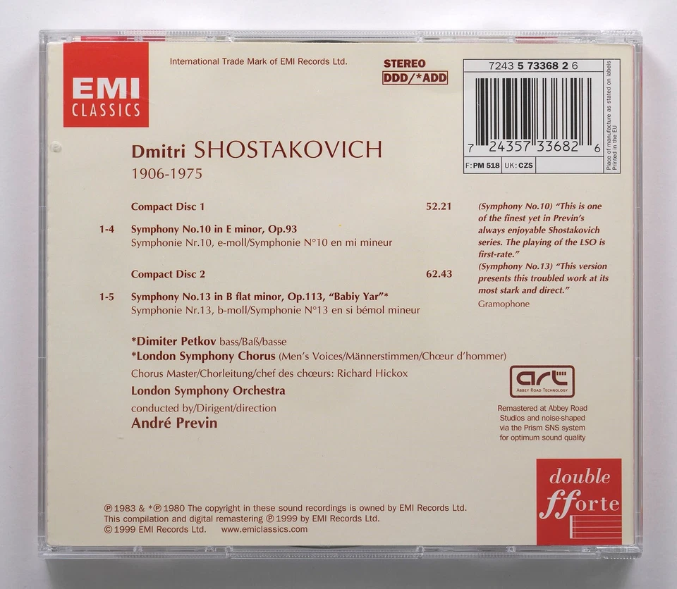 Shostakovich Symphony No 10 & 13 Babiy Yar; André Previn EMI Classics 2CD - Bild 2 von 2