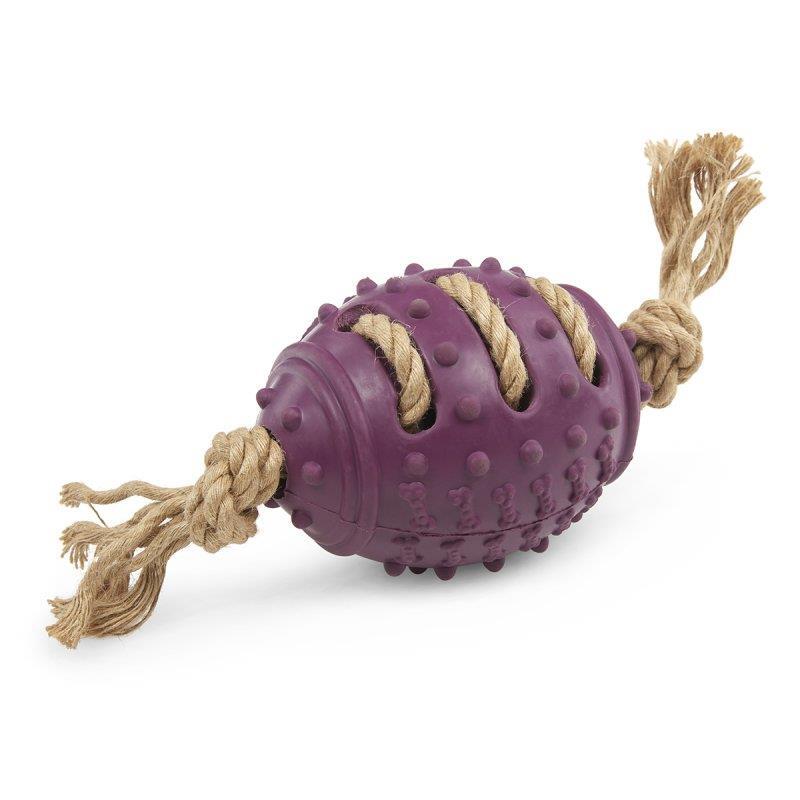 Dog Chew Toy Natural Rubber Rope Rugby Ball Shaped Textured Very Strong Petface