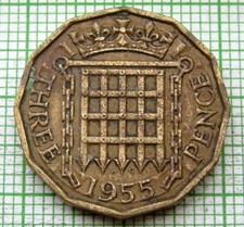 GREAT BRITAIN ELIZABETH II 1955 THREEPENCE 3 PENCE, BRASS
