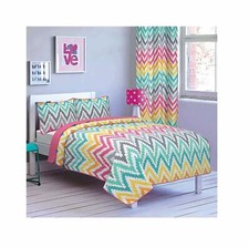 Girls Twin Bed Gray Pink Teal Rainbow Zig Zag Chevron 2 pc Quilt Set Coverlet