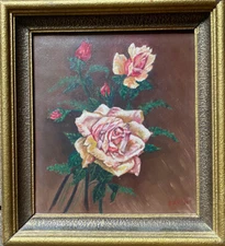 Oil painting signed D.KÖHLER still life pink roses on stem with small leaves
