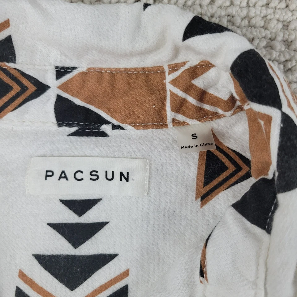 Camisa Pacsun Para Hombre Pequeña Blanca Marrón Nativa Azteca Manga Larga Algodón con Botones Foto 3 de 4