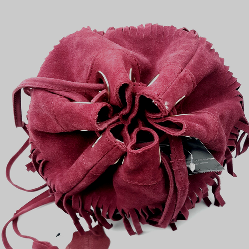 Wilsons Boho Hippie Suede Fringed Tassel Drawstring Bucket Bag Plum Leather - Afbeelding 2 van 6