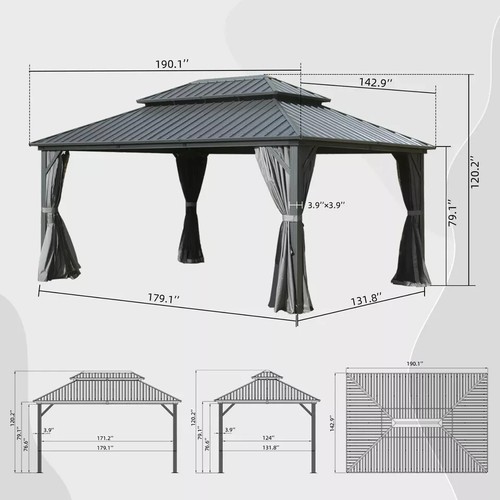 Domi 12’ x 16’ Hardtop Gazebo Outdoor Aluminum Gazebo w/Netting & Curtains, gray - Picture 2 of 9