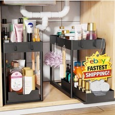 2 Pack Under Sink Organizer Pull-Out Sliding 2 Tier Storage Rack Kitchen Bath US