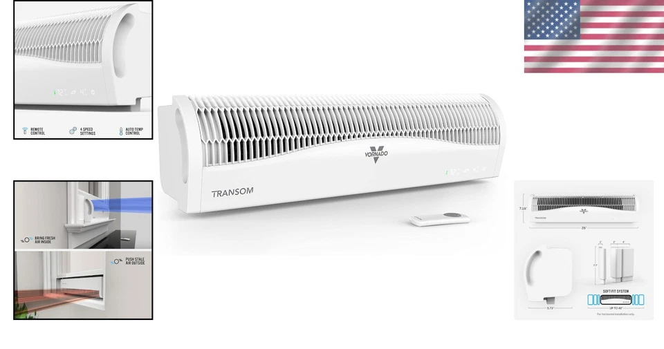 Ventilador de janela Transom 4 velocidades - Controle remoto, circulação de sala inteira, branco gelo - Imagem 2 de 4