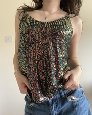 Vintage H&G Black Multicolour Sequin V-Neck Cami Top Adjustable Straps S/M