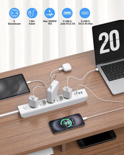 Multiprise 9 en 1 avec USB 3680 W avec interrupteur multiprise 16 A avec 2 po... - Photo 2/9