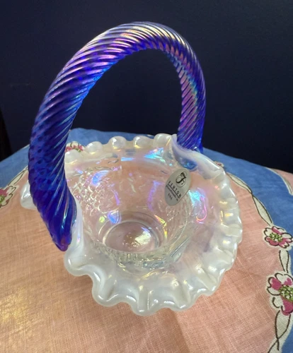 Fenton Glass French Opalescent Iridescent Mini Basket Cobalt Blue Twist Handle