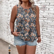 Haut Débardeur Camisole Fluide À Motif Floral Vintage Col Rond Noir Polyester