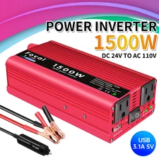 1500W Inverter 24V DC to 110V AC Converter with 2 AC Outlets + Fast Charging USB
