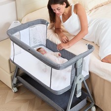 3-in-1 Baby Bassinet Bedside Sleeper with Wheels Crib, Grey