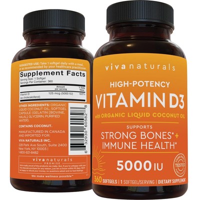 Viva Naturals Vitamin D3 5000 Iu Softgels - 360 Count 125 Mcg Softgel,